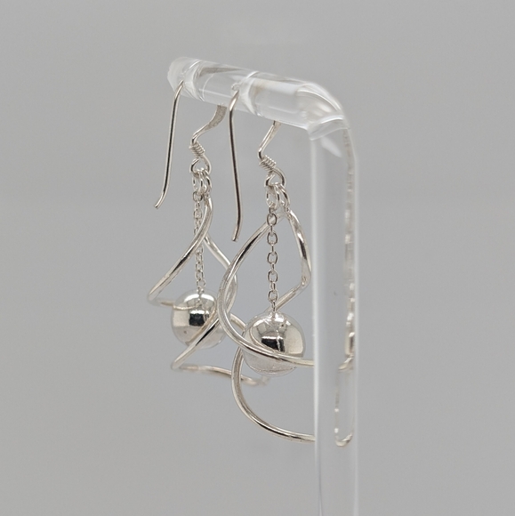 Sterling Silver Spiral & Dangling Sphere Earrings - Picture 5 of 7